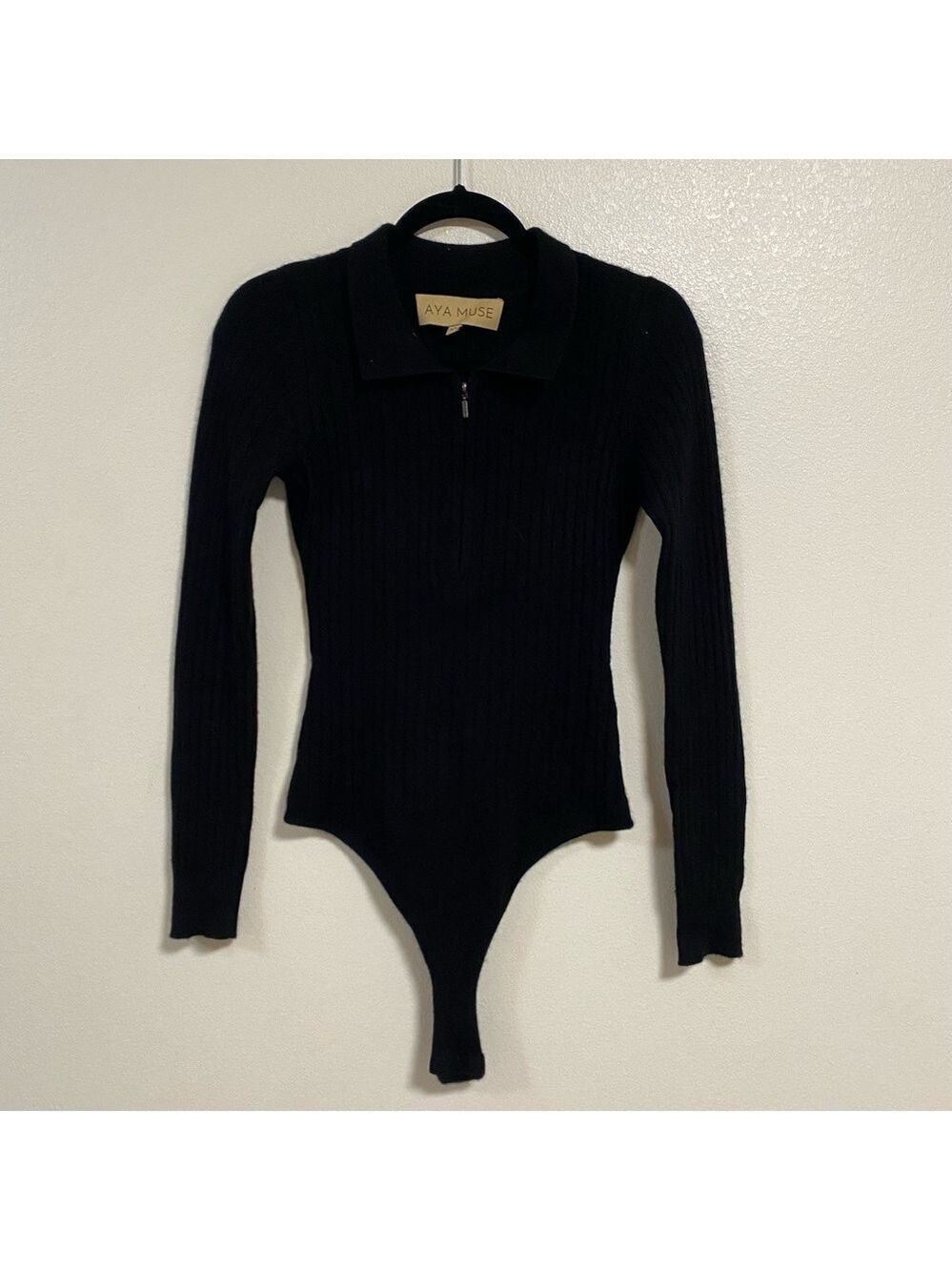 Aya Muse Bodysuit Women’s size XS Black Ribbed Cashmere Collared bodysuit